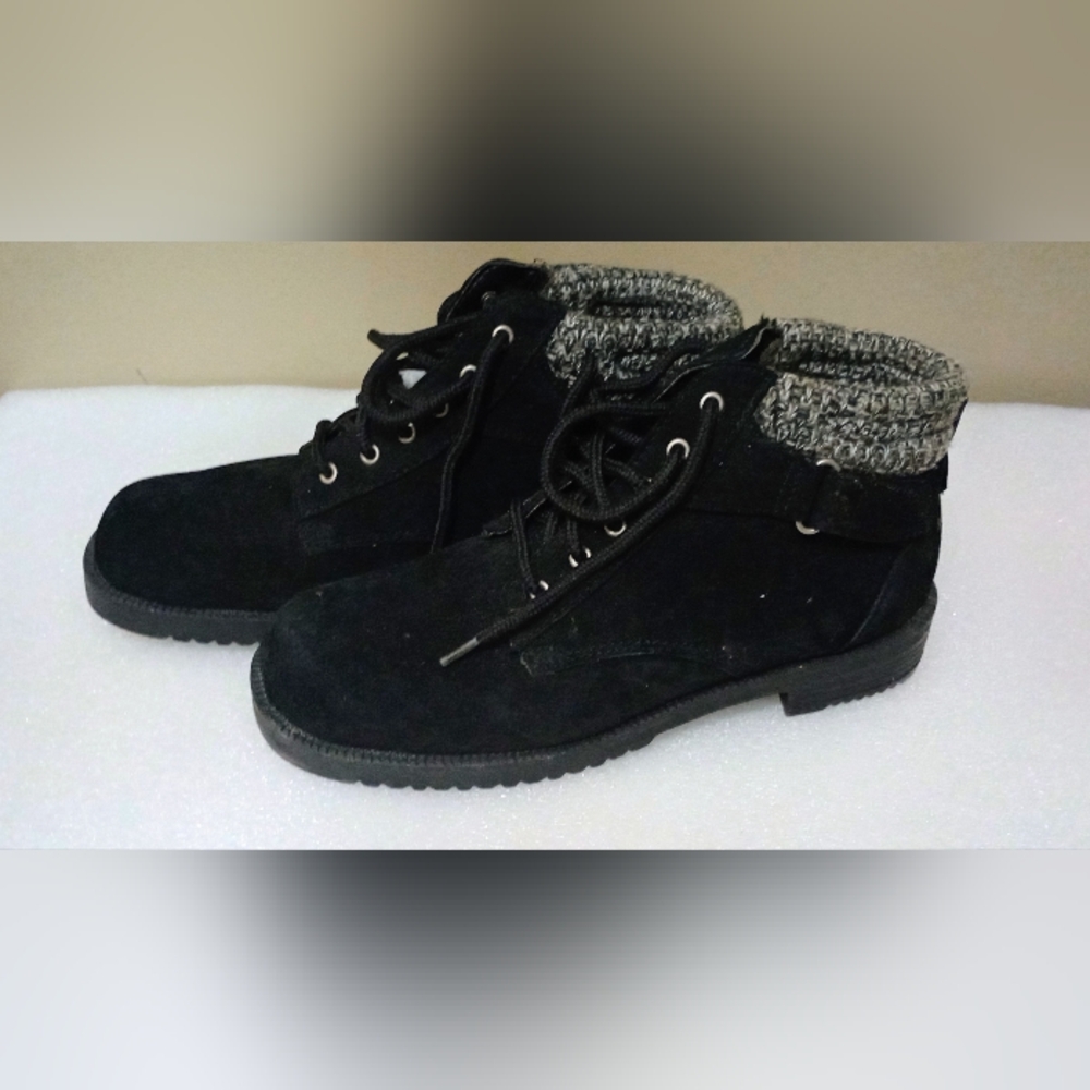 Black Suede Ankle Boots with Gray Knit Cuff